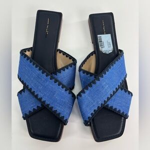 Ann Taylor 2 tone blue criss cross flat sandals size 11 slip on denim ric rack